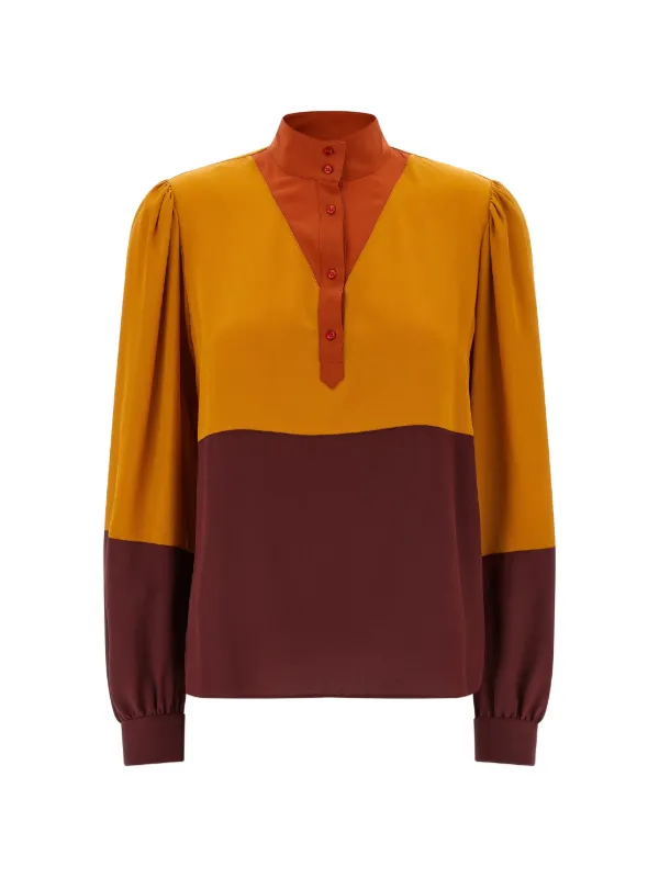 Saint Laurent Colourblock High-neck Blouse in Yellow