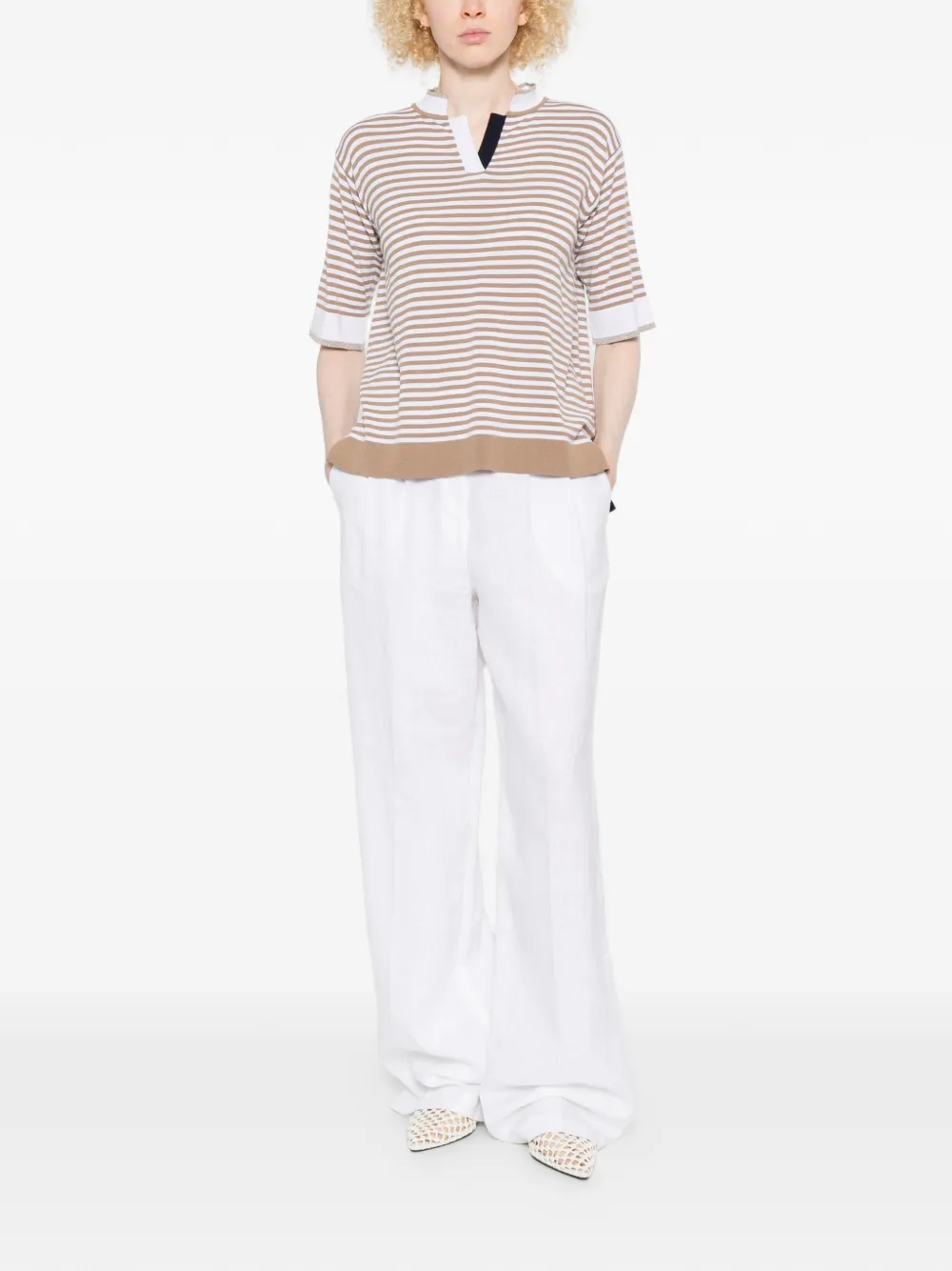  Intrecci Striped V-neck Top - Neutrals 
