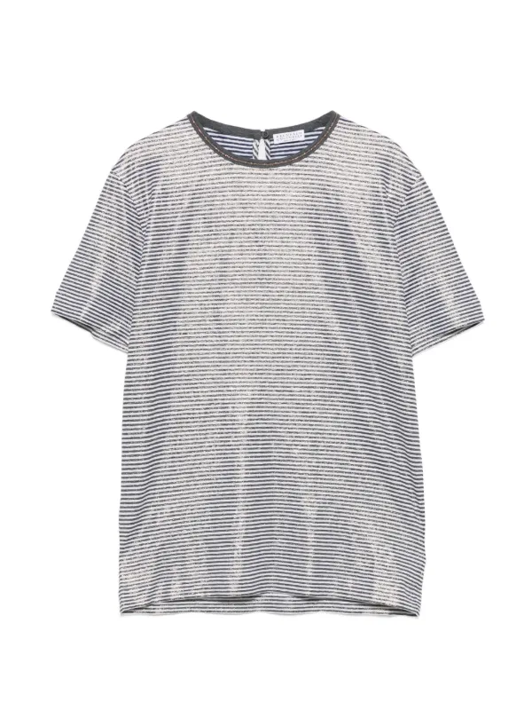 Brunello Cucinelli Striped Linen Lamé Jersey T-shirt with Shiny Trim in Blue