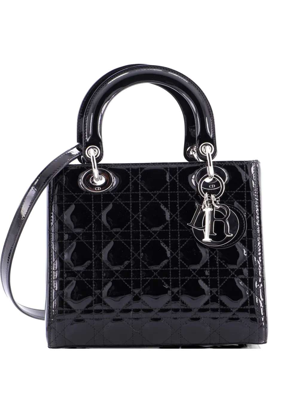 Christian Dior Pre-Owned Borsa a tracolla Lady Dior media trapuntata in pelle verniciata con motivo Cannage - Nero