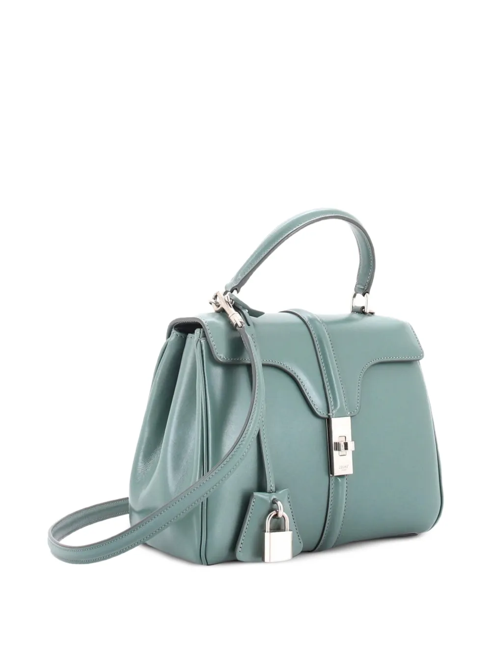 Celine Pre-owned 16 Top Handle Bag Smooth Calfskin Small Satchel in Green, view 3