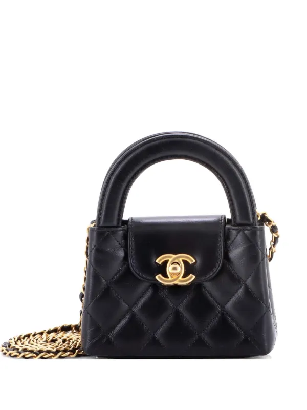 Chanel Pre-owned Kelly Top Handle Shopping Bag Quilted Shiny Aged Calfskin Nano Crossbody Bag in Black