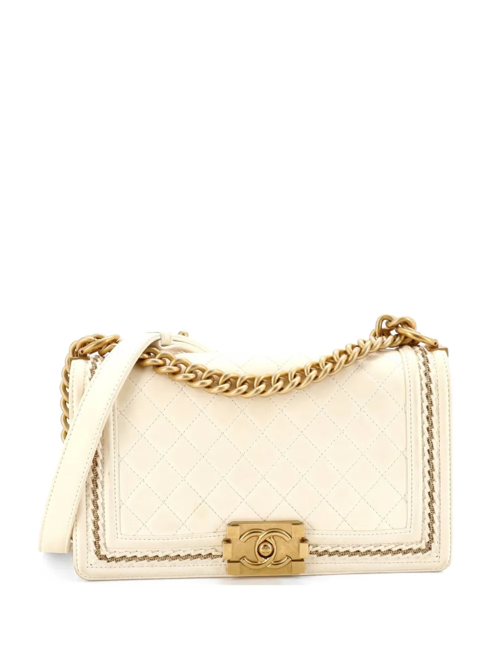 CHANEL Pre-Owned Borsa a spalla Boy media in pelle di agnello trapuntata con battente e catena - Toni neutri