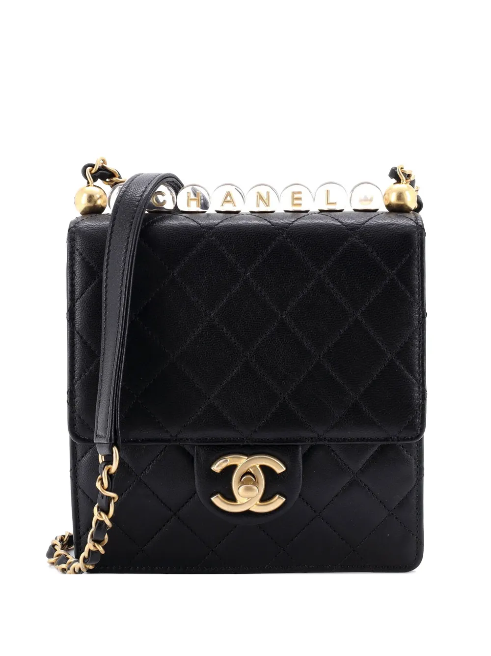 CHANEL Pre-Owned Borsa a tracolla Chic mini in pelle di capra trapuntata con battente e perline in acrilico - Nero