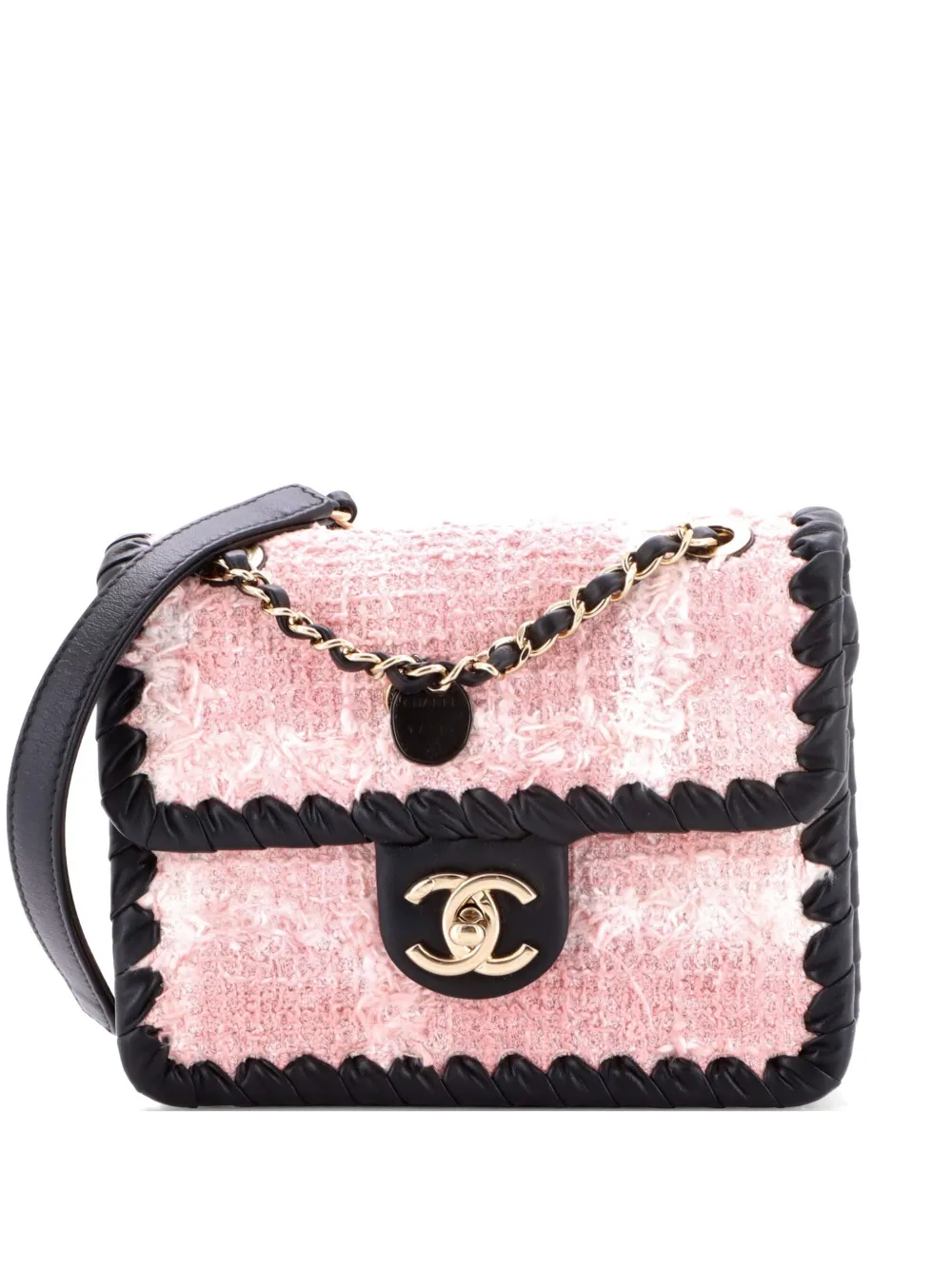 CHANEL Pre-Owned Borsa a tracolla My Own Frame Flap mini in tweed trapuntato e pelle di vitello intrecciata - Rosa