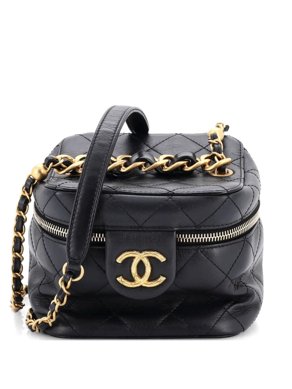 CHANEL Pre-Owned Borsa a tracolla Vanity Case piccola in pelle di vitello trapuntata con catena - Nero