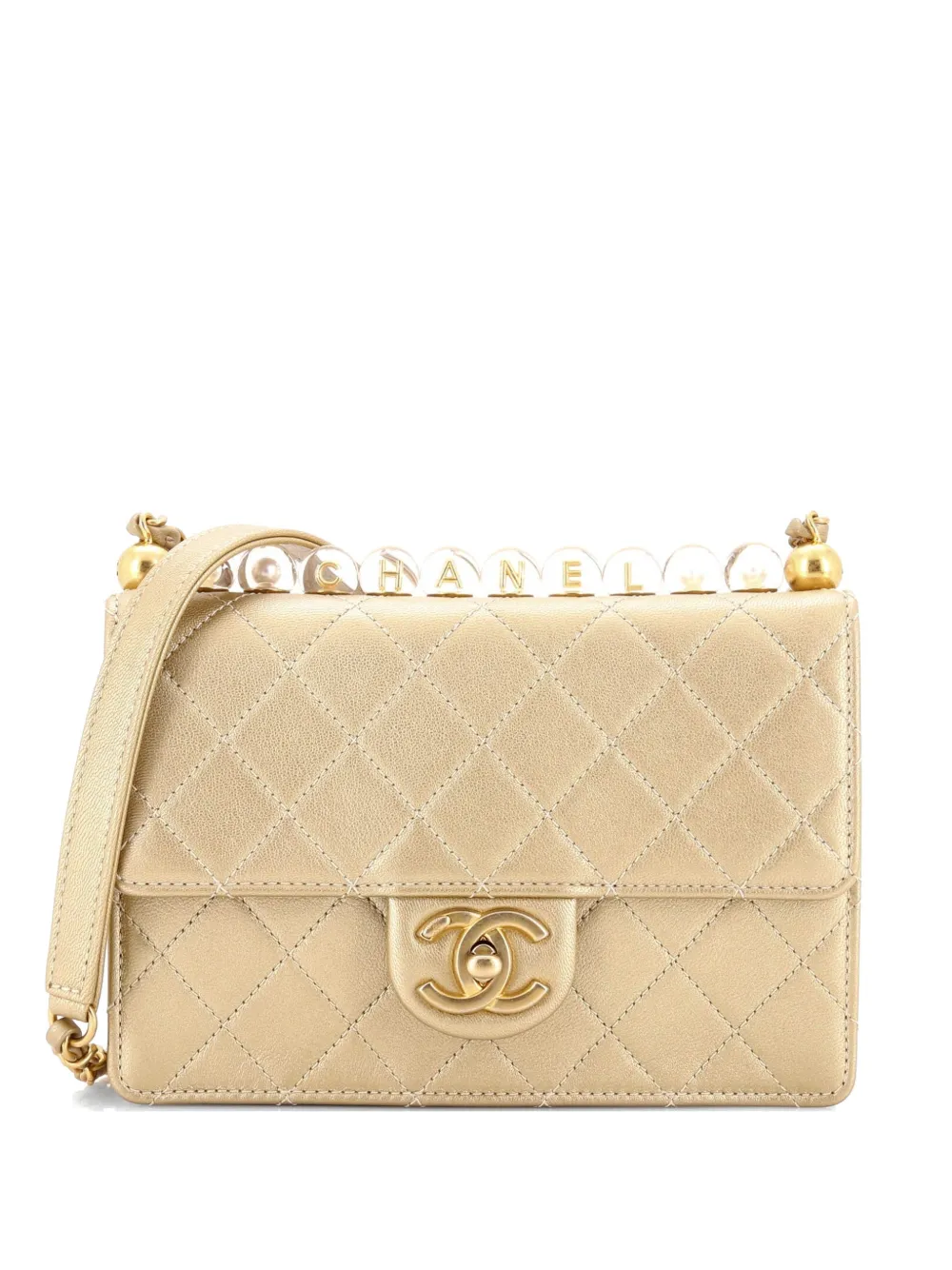 CHANEL Pre-Owned Borsa a spalla piccola in pelle di capra trapuntata con battente e perline in acrilico - Oro