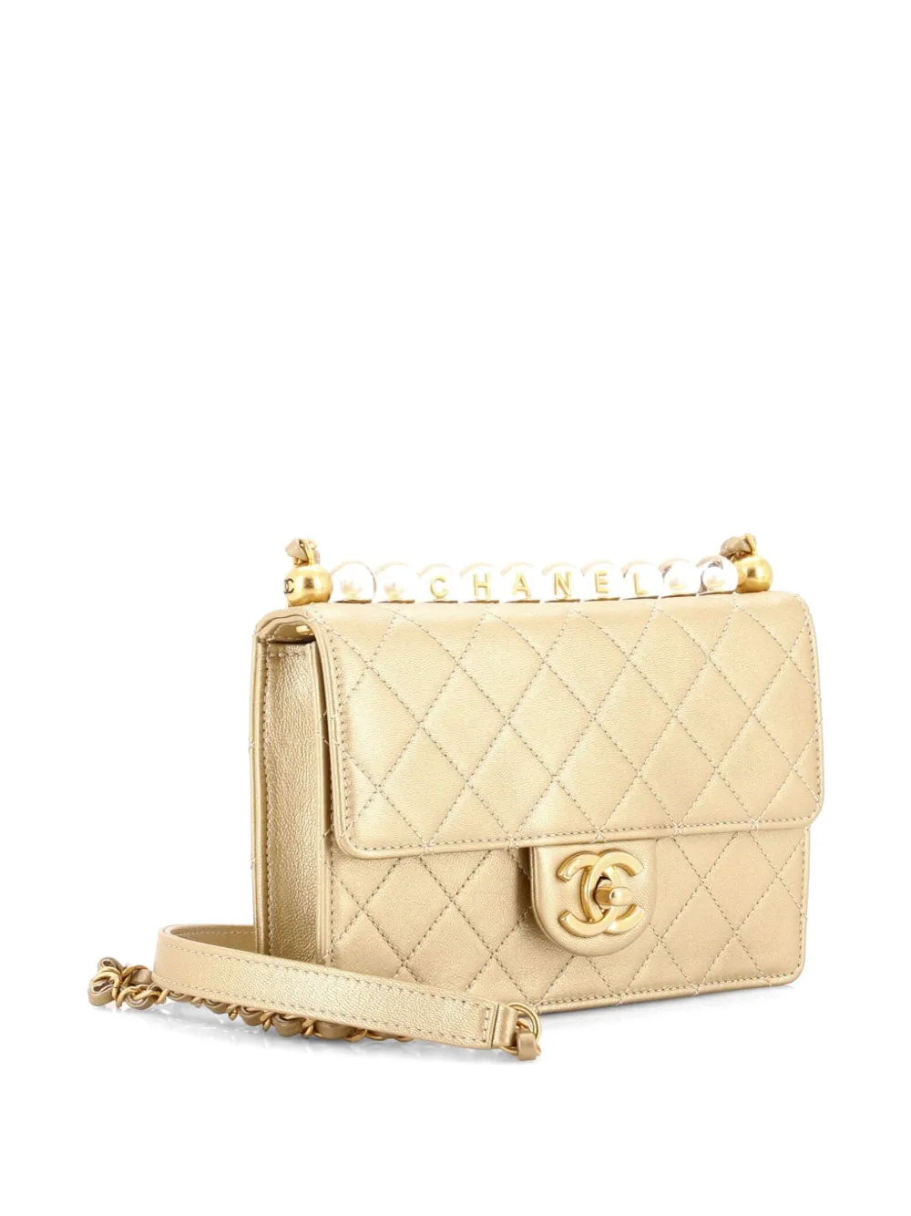  Chanel Pre-owned Chic Pearls Flap Bag Quilted Goatskin With Acrylic Beads Small Shoulder Bag - Gold 