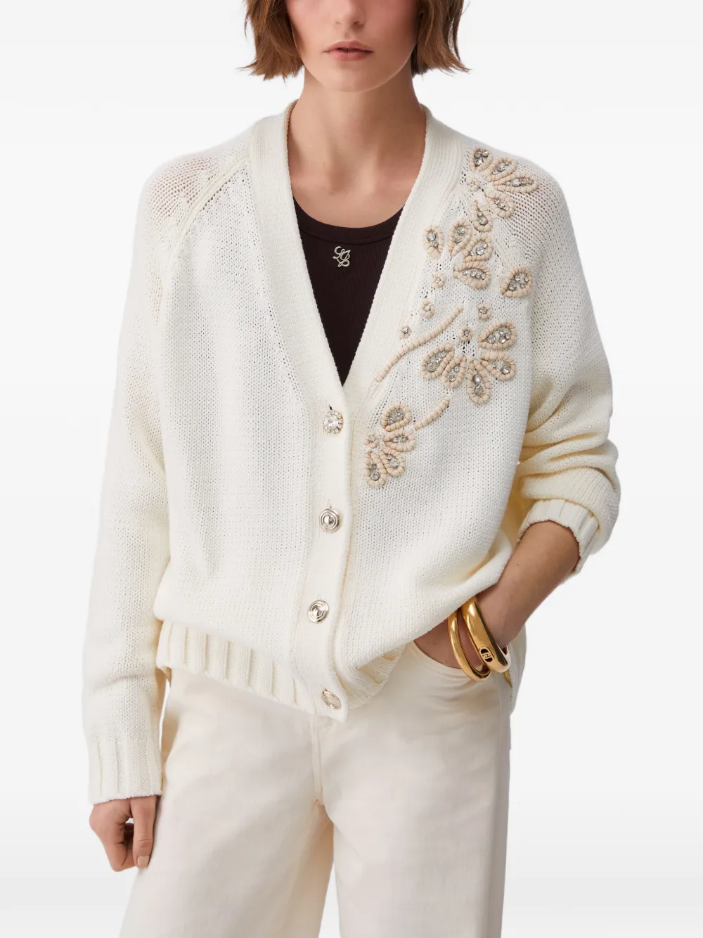  Liu Jo Bejewelled V-neck Cardigan - Neutrals 