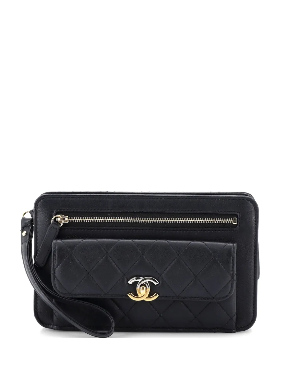 CHANEL Pre-Owned Clutch in pelle di agnello trapuntata con tasca frontale e catena - Nero
