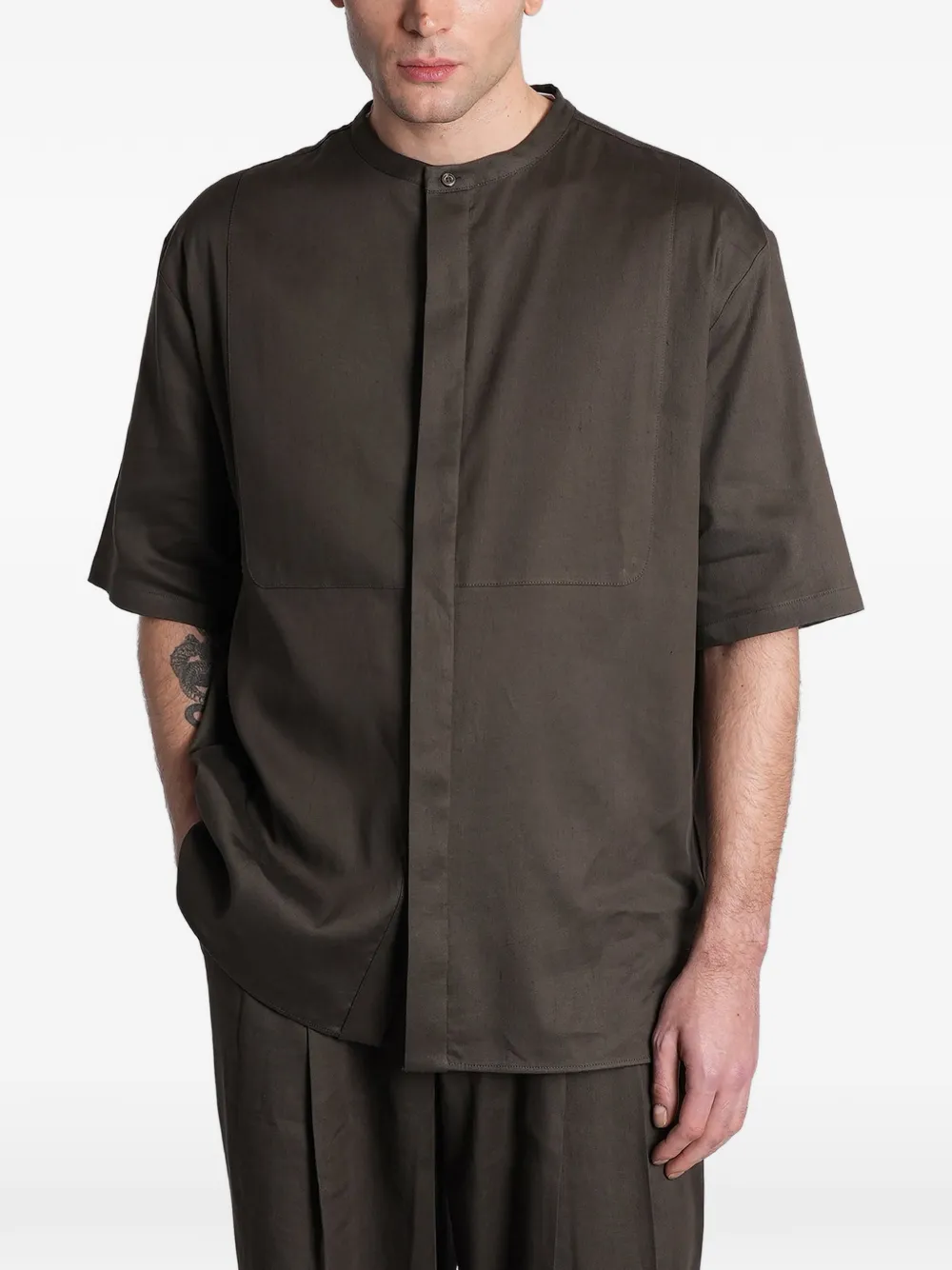 Roberto Collina band-collar short-sleeve linen shirt - Marrone
