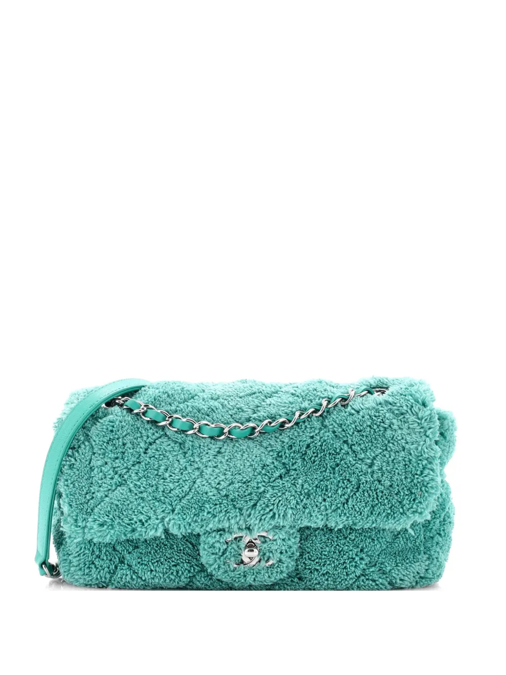 CHANEL Pre-Owned Borsa a spalla CC media in tessuto spugnoso trapuntato con battente e catena - Blu