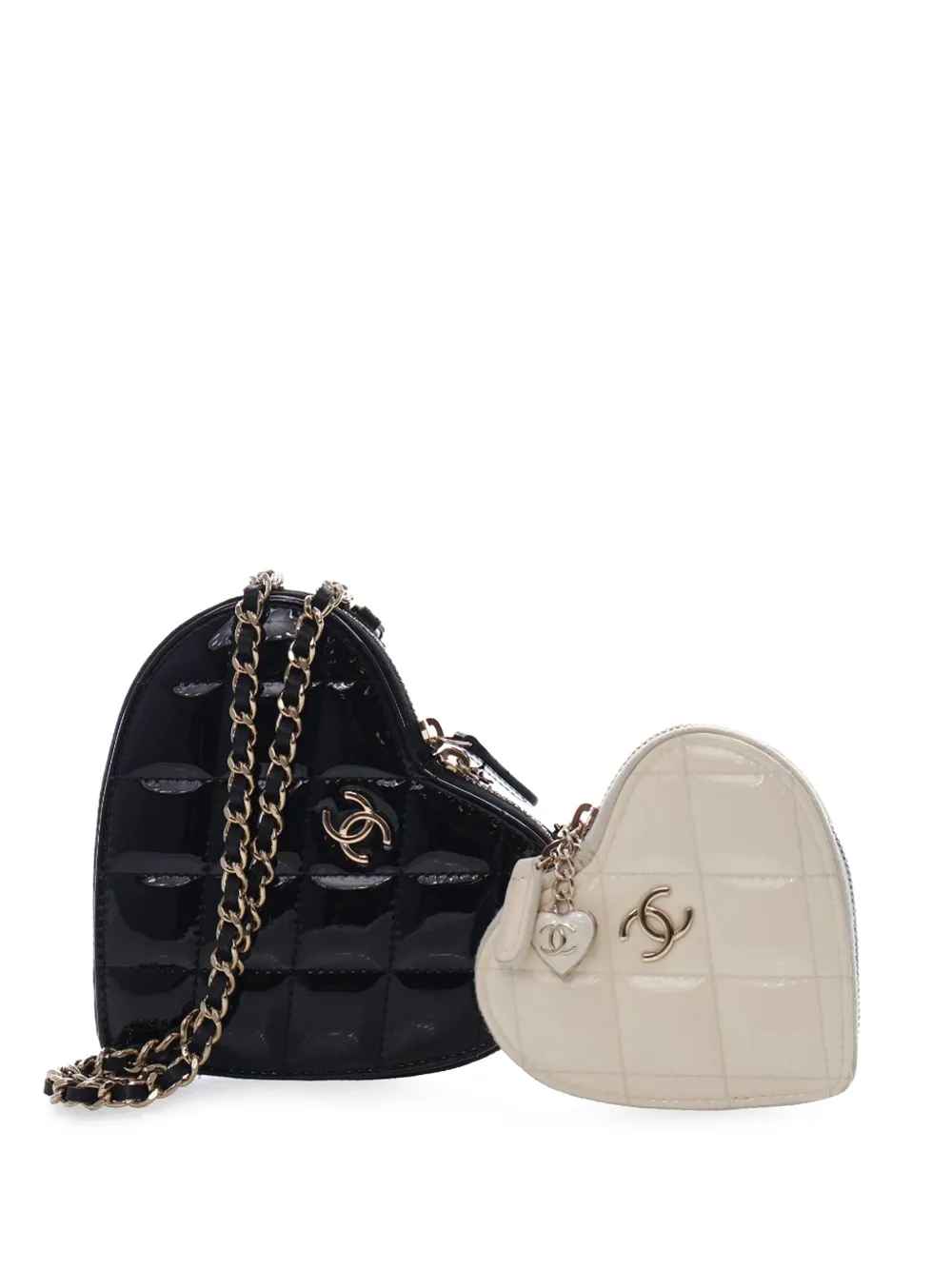 CHANEL Pre-Owned 2021-2026 Quilted Patent Duo Heart Clutch with Chain crossbody bag - Nero