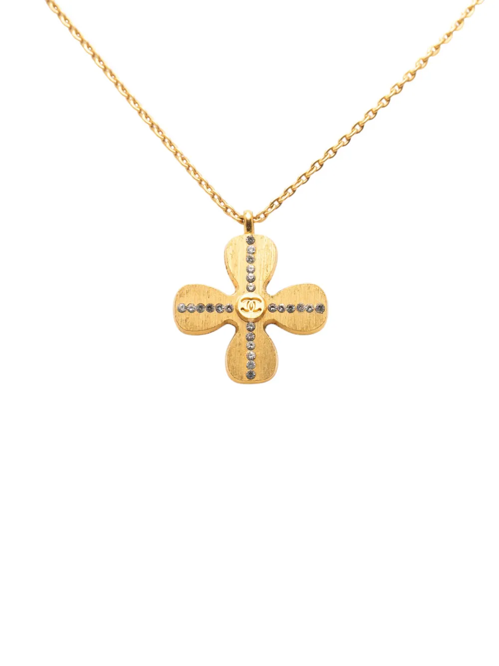 2001 Gold Plated Cc Crystal Clover Pendant Necklace Costume Necklace