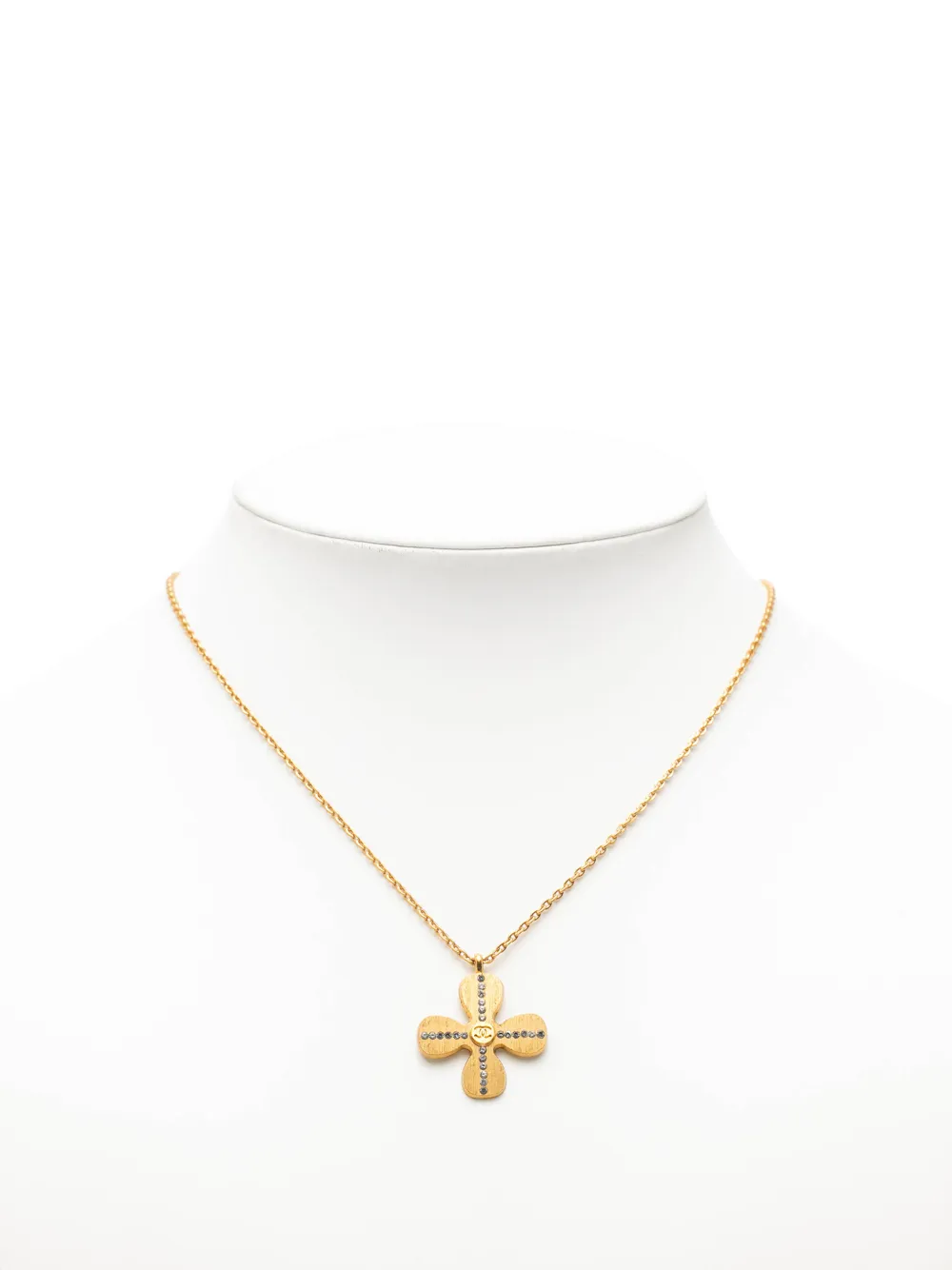 2001 Gold Plated Cc Crystal Clover Pendant Necklace Costume Necklace