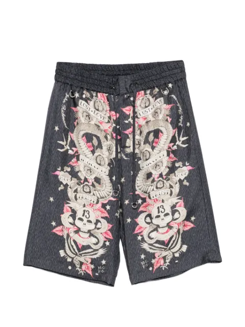 John Richmond elasticated-waistband tattoo-print drawstring silk shorts
