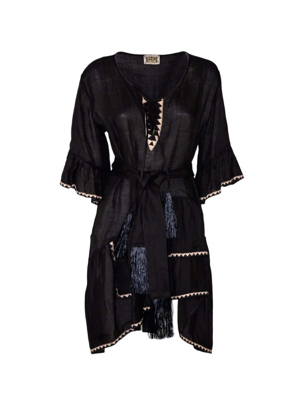 PHO FIRENZE embroidered-trim tassel-detail dress - Nero