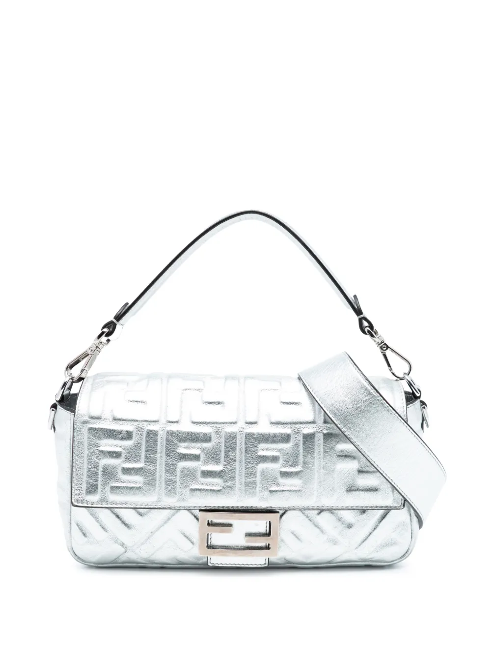 Fendi Pre-Owned 2021-2025 Medium Metallic Leather Embossed FF Baguette satchel - Argento