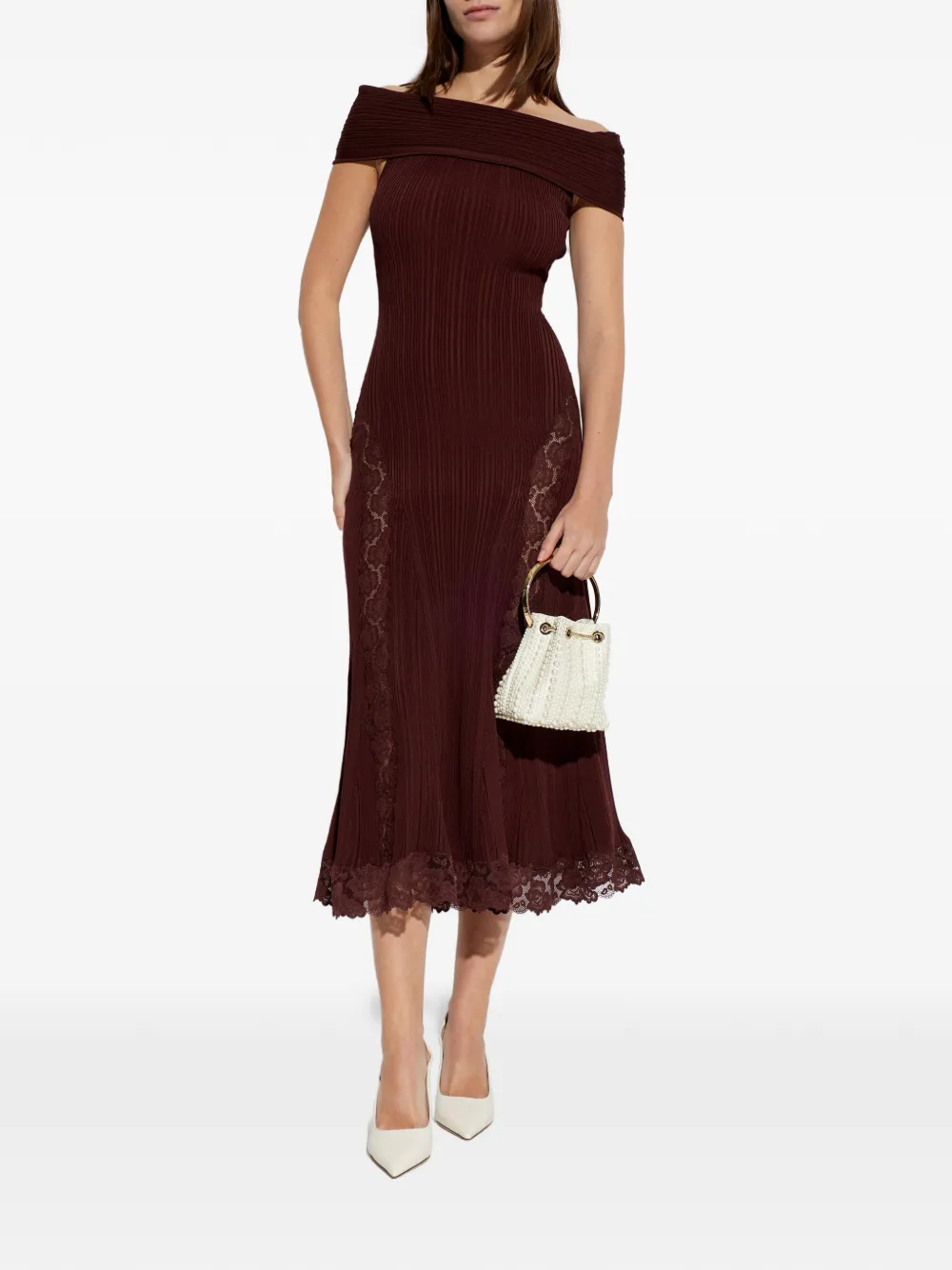 Self-Portrait Off-shoulder midi-jurk met kanten detail Rood