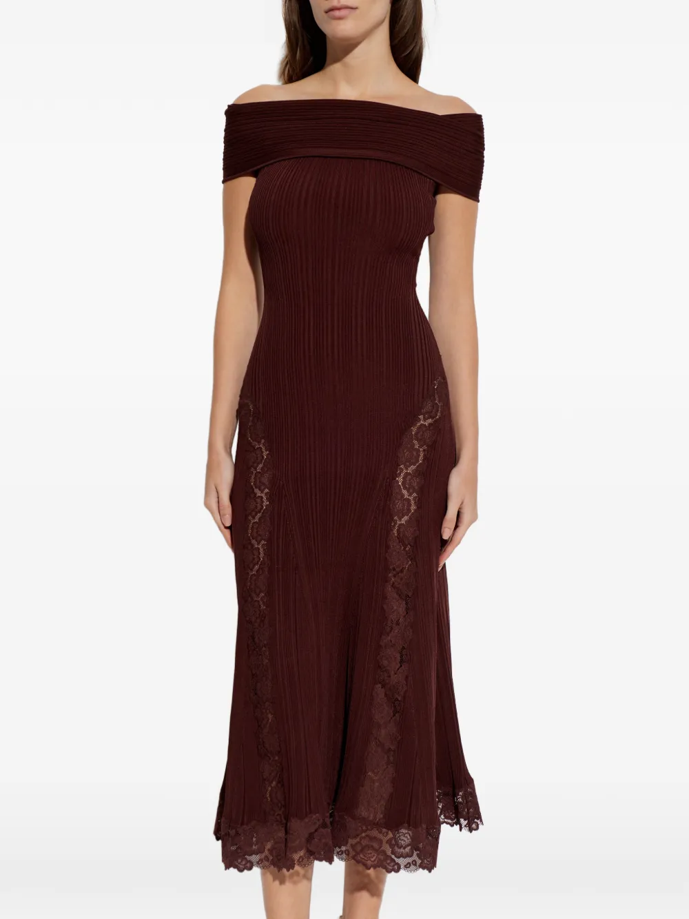 Self-Portrait Off-shoulder midi-jurk met kanten detail Rood
