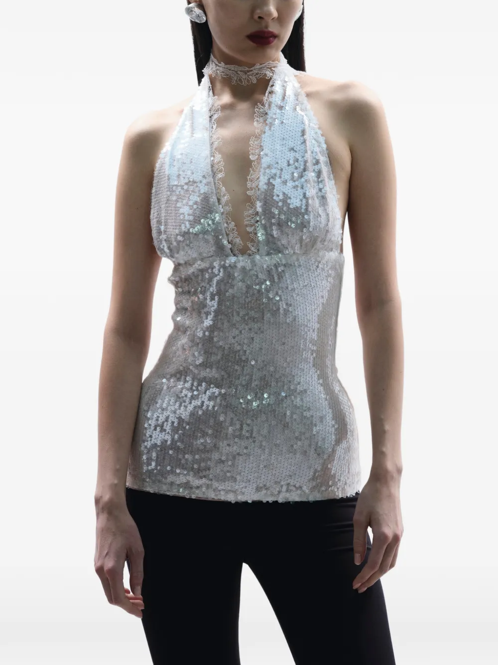 MANURÍ Pixie top met pailletten en kant Beige