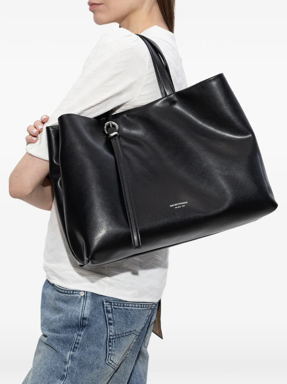 Emporio Armani Leren shopper met gesp Zwart