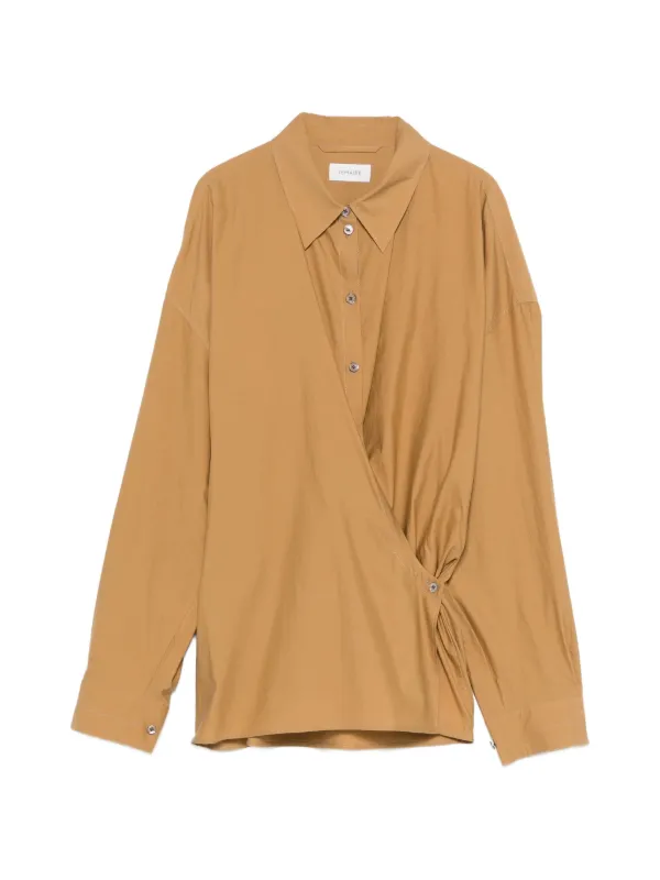 Lemaire Straight Collar Twisted Shirt in Washed Cotton Silk in Brown