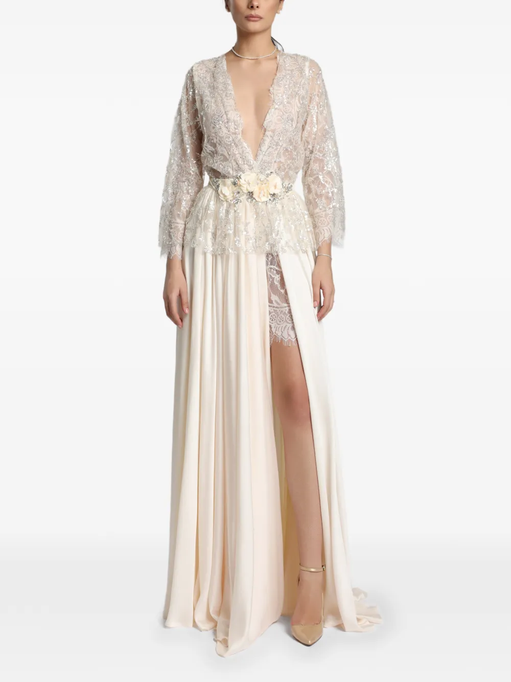 MIAU by Clara Rotescu Vanilla lace-detail V-neck maxi dress - Neutrals