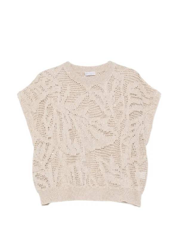 Brunello Cucinelli Dazzling Water Lilies Knit T-shirt in Linen and Cotton in Neutrals