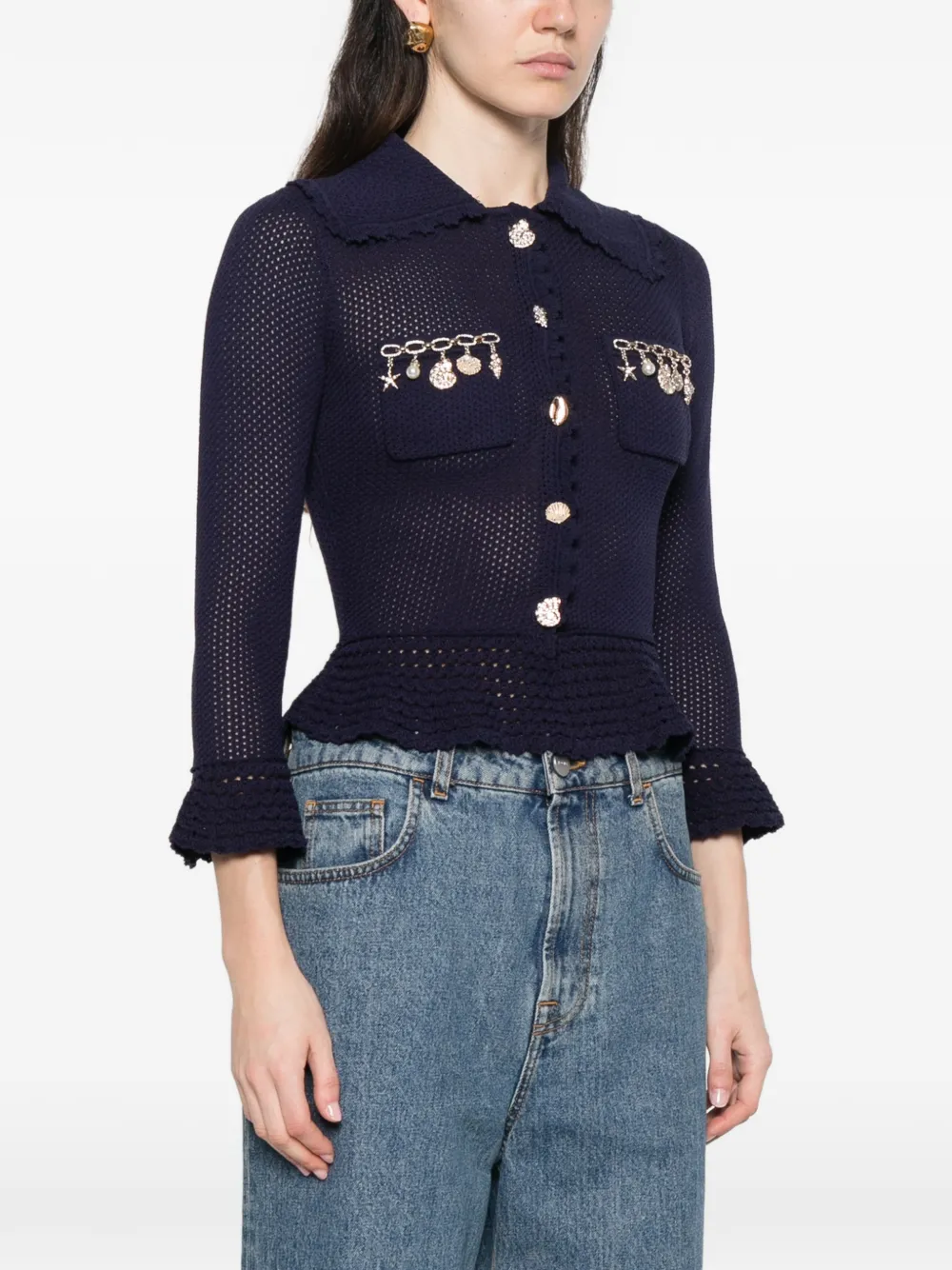 Charm-Detail Scalloped-Trim Cardigan