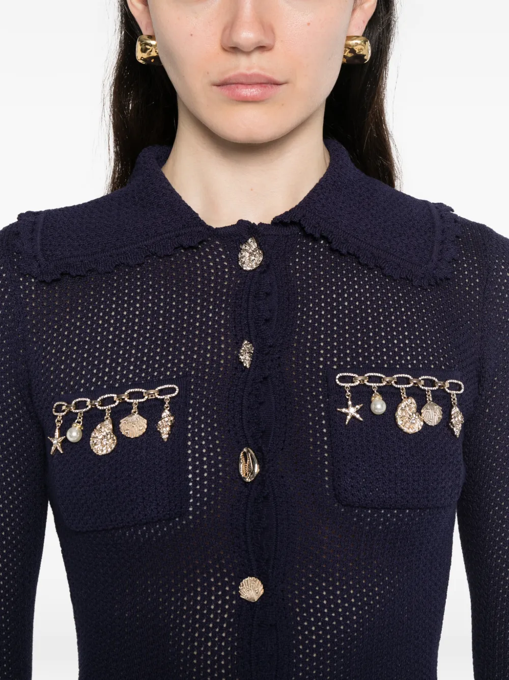 Charm-Detail Scalloped-Trim Cardigan