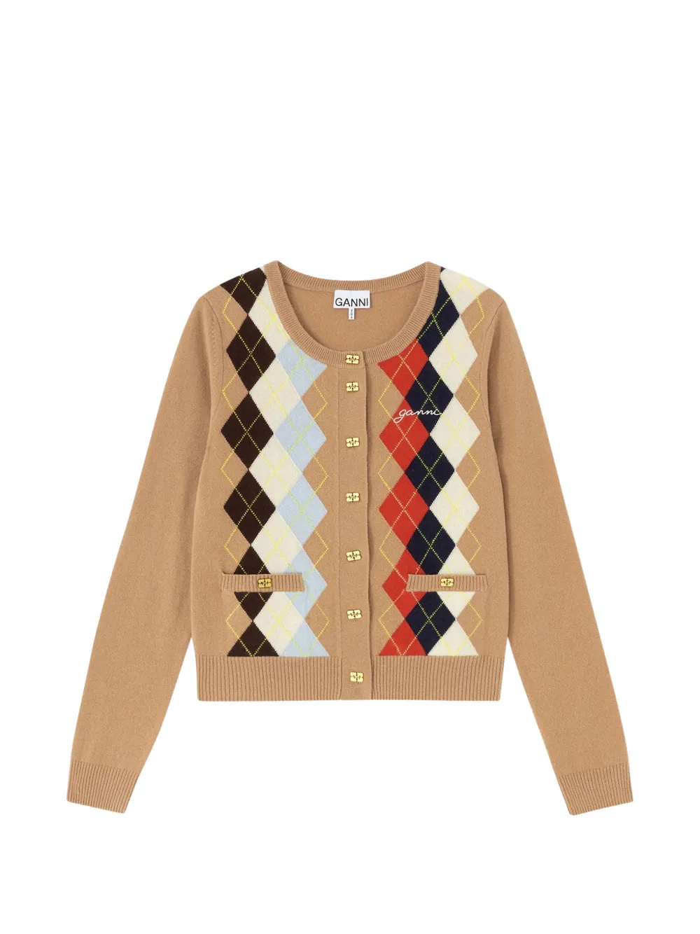 GANNI argyle-print cardigan - Brown