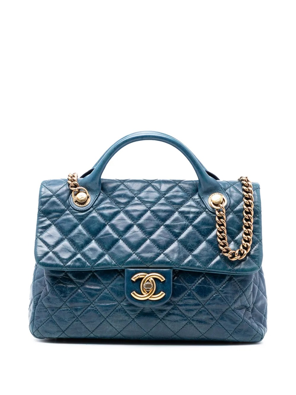CHANEL Pre-Owned 2014 Large Glazed Calfskin Castle Rock Top Handle Flap satchel - Blu