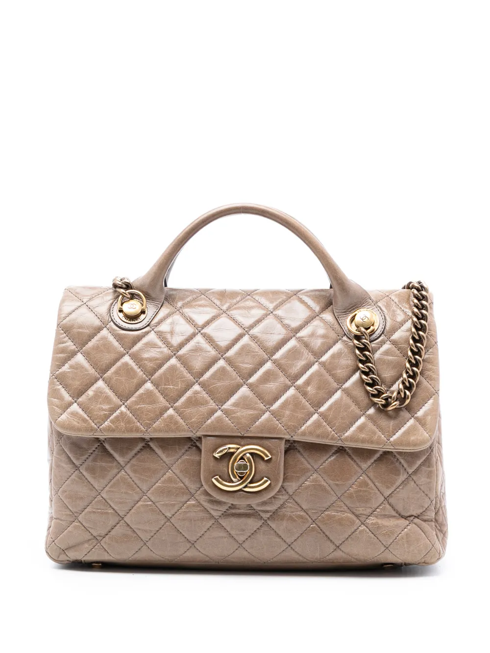 CHANEL Pre-Owned 2013-2014 Large Glazed Calfskin Castle Rock Top Handle Flap satchel - Marrone