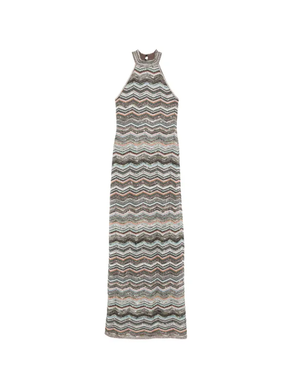 Missoni Chevron Long Dress with Halterneck and Sequins in Neutrals