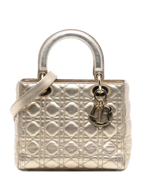 Christian Dior Pre-Owned bolsa satchel Lady Dior mediana de piel de cordero metalizada y lona Cannage 2018