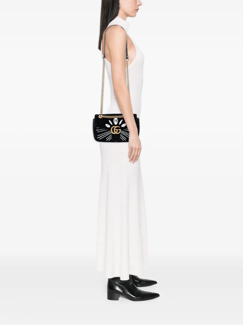  Gucci Pre-owned 2016-2026 Medium Gg Marmont Matelasse Velvet Crystal Embellished Shoulder Bag - Black 