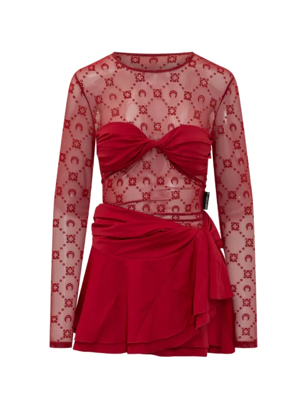 marine serre red dress Marine Serre Printed-Lace Jersey Dress - Red - 32% Off