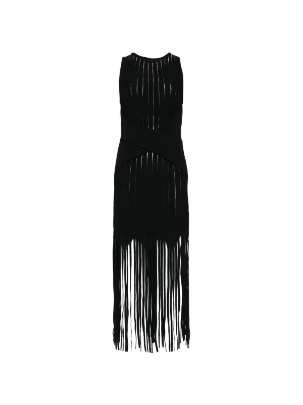 Balmain Fringed-hem Mini Dress in Black