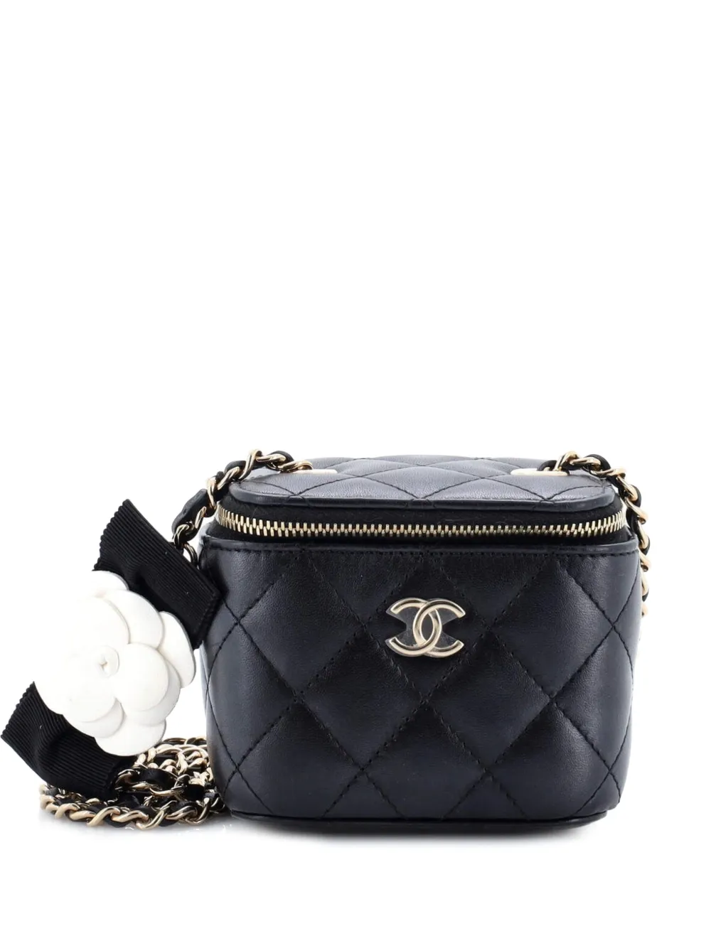 CHANEL Pre-Owned Camellia Bow Vanity Case with Chain Quilted Lambskin Mini crossbody bag - Nero