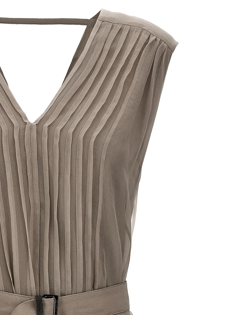  Brunello Cucinelli Pleated V-neck Silk Maxi Dress - Neutrals 