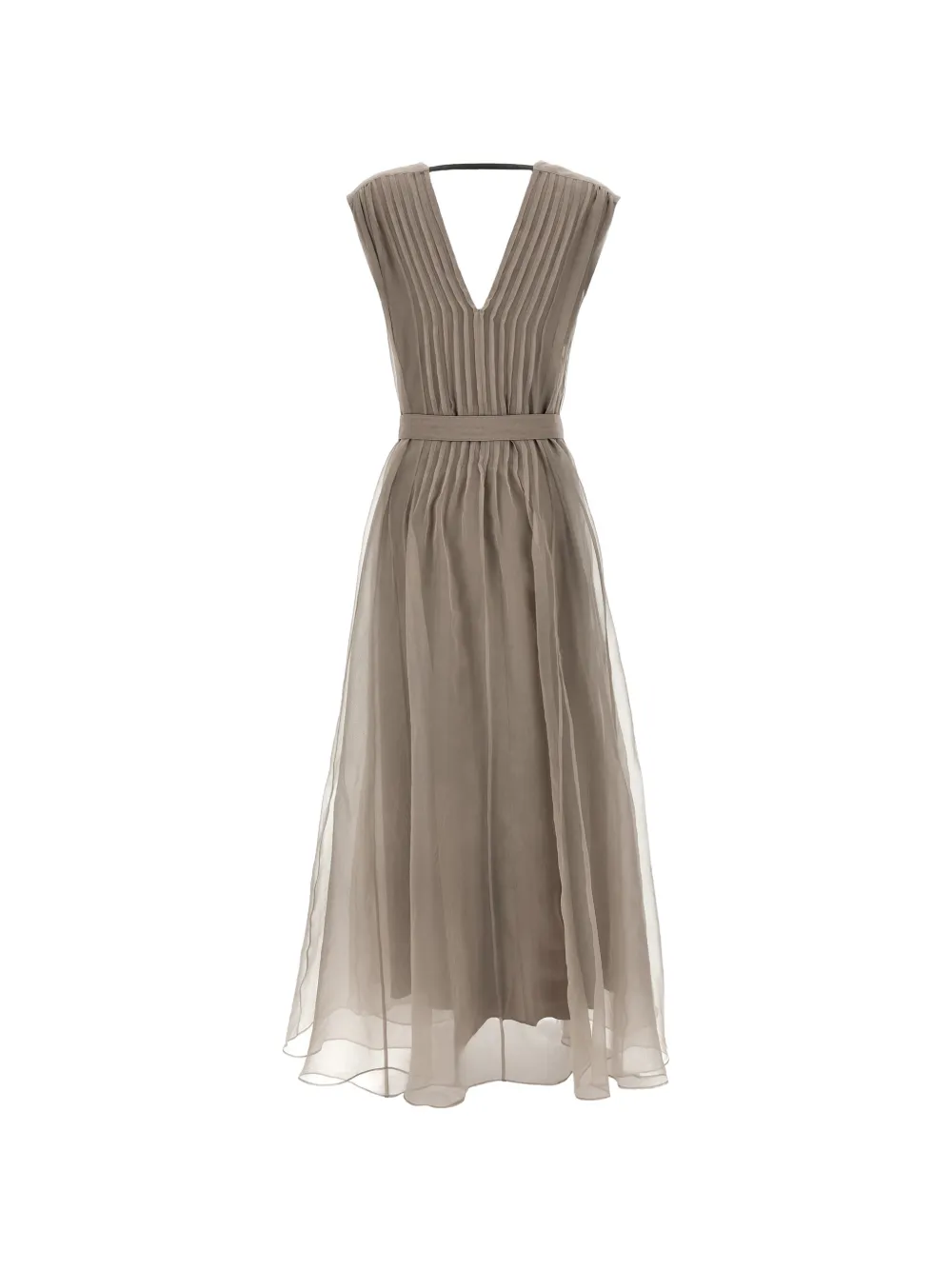  Brunello Cucinelli Pleated V-neck Silk Maxi Dress - Neutrals 