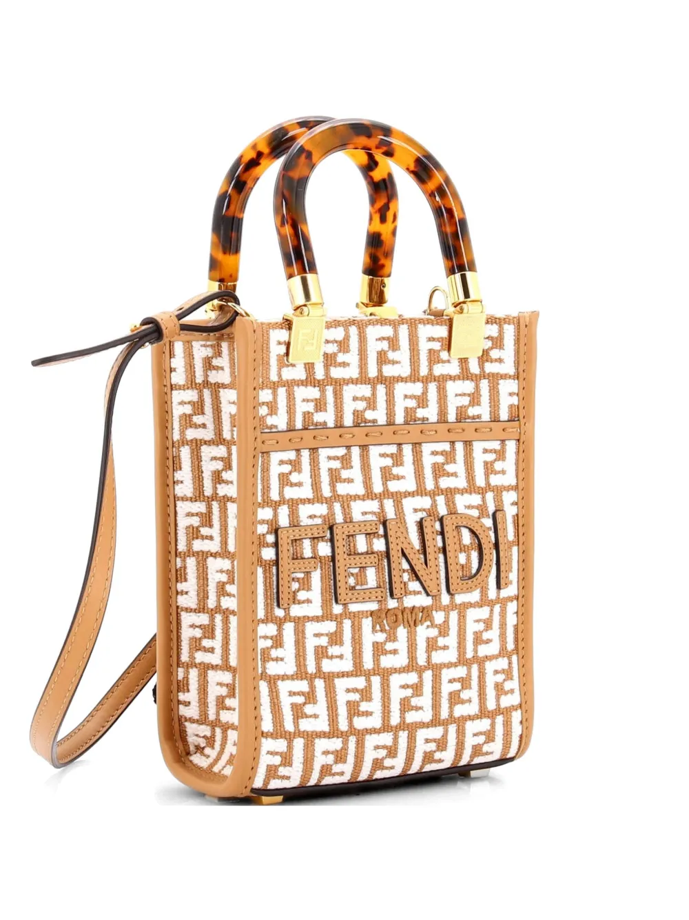 Pre-owned Fendi Sunshine Shopper Tote Zucca Embroidered Raffia Mini Crossbody Bag In Neutral