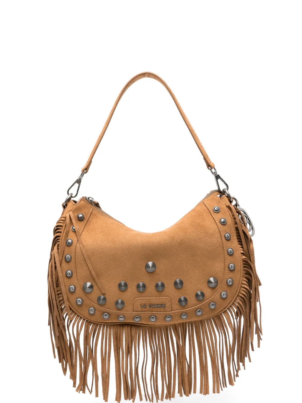La Carrie Aztec fringe studded suede shoulder bag - Toni neutri