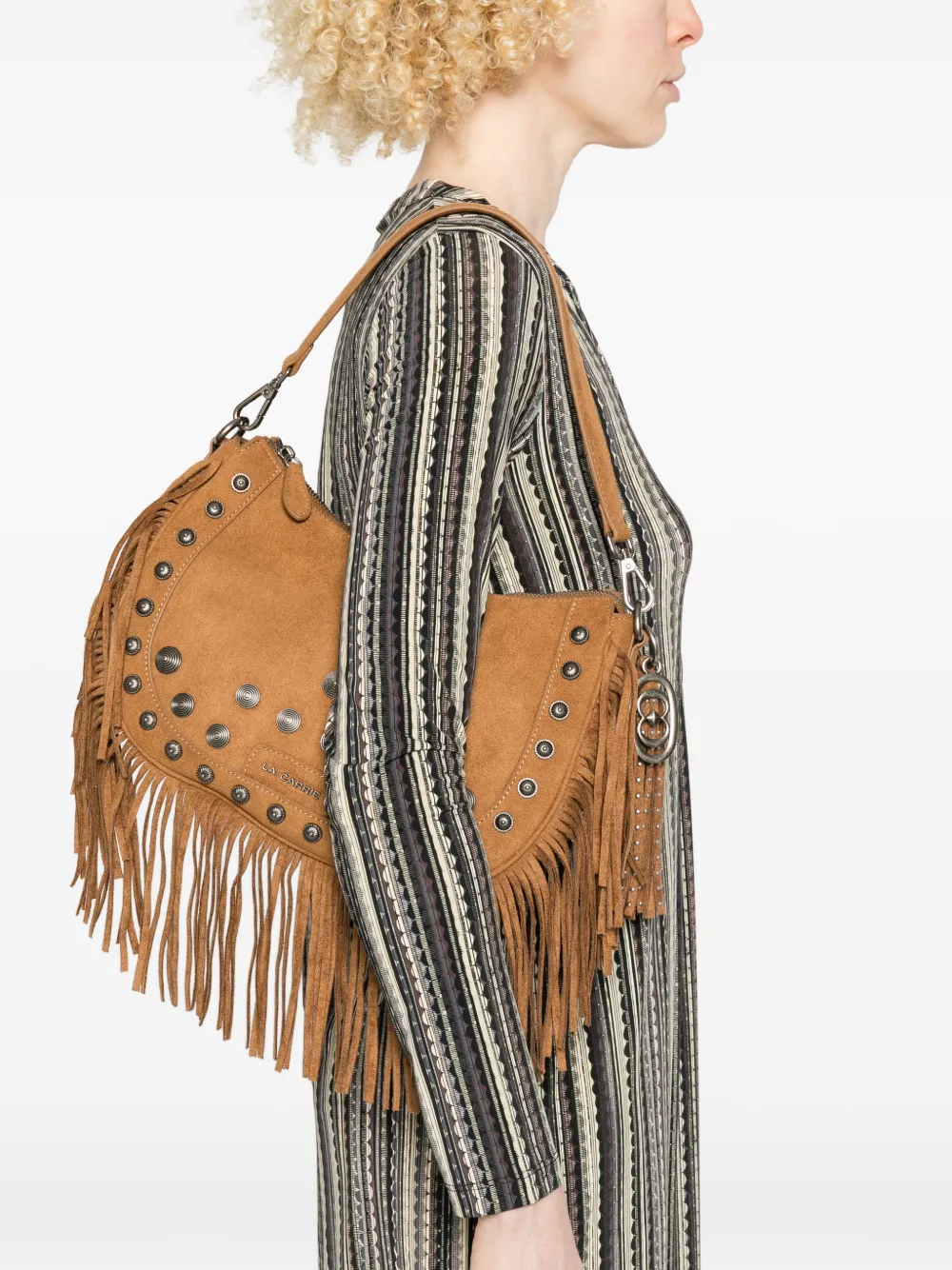  La Carrie Aztec Fringe Studded Suede Shoulder Bag - Neutrals 