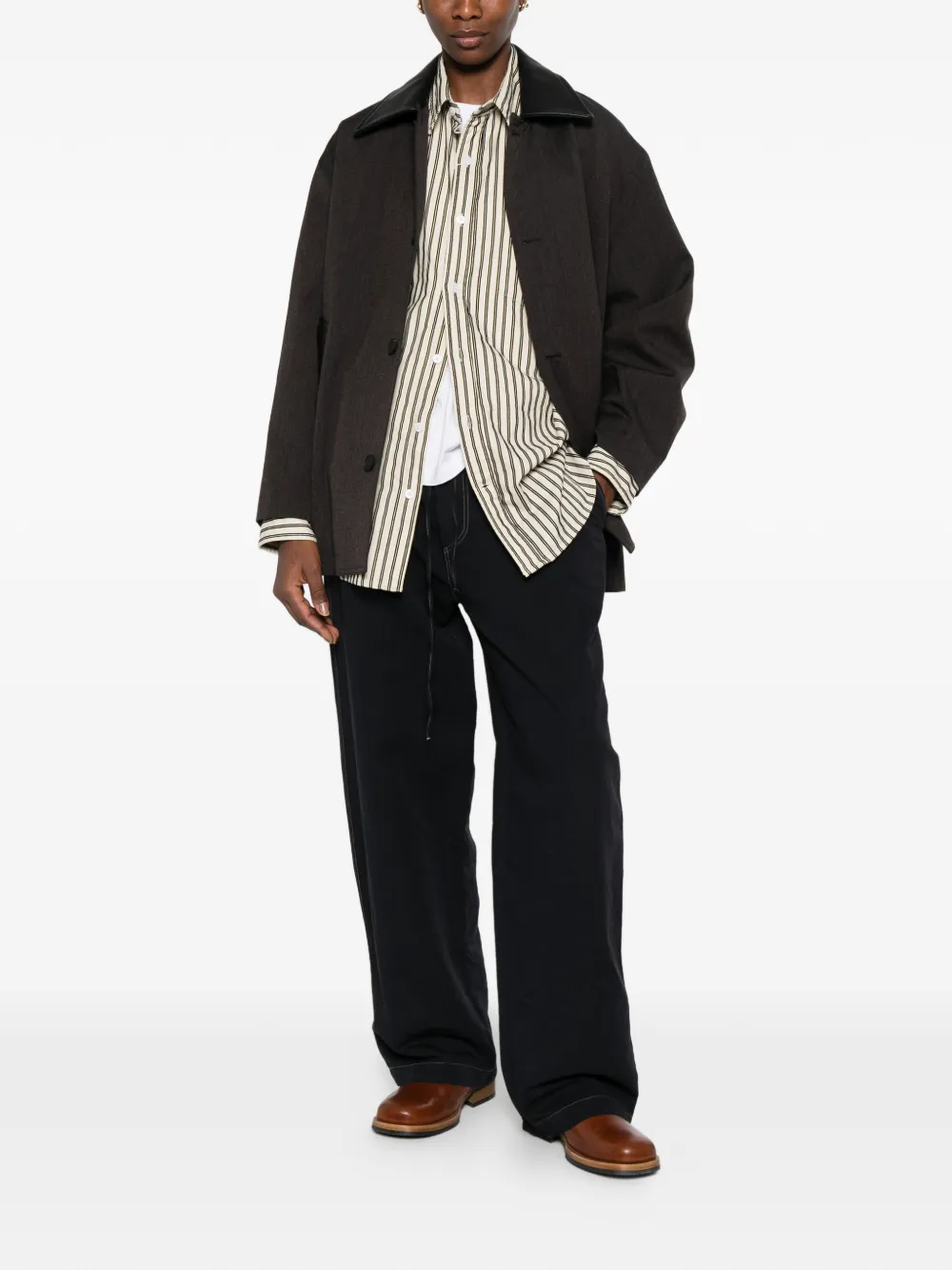  Studio Nicholson Cappotto Con Colletto In Pelle - Marrone 