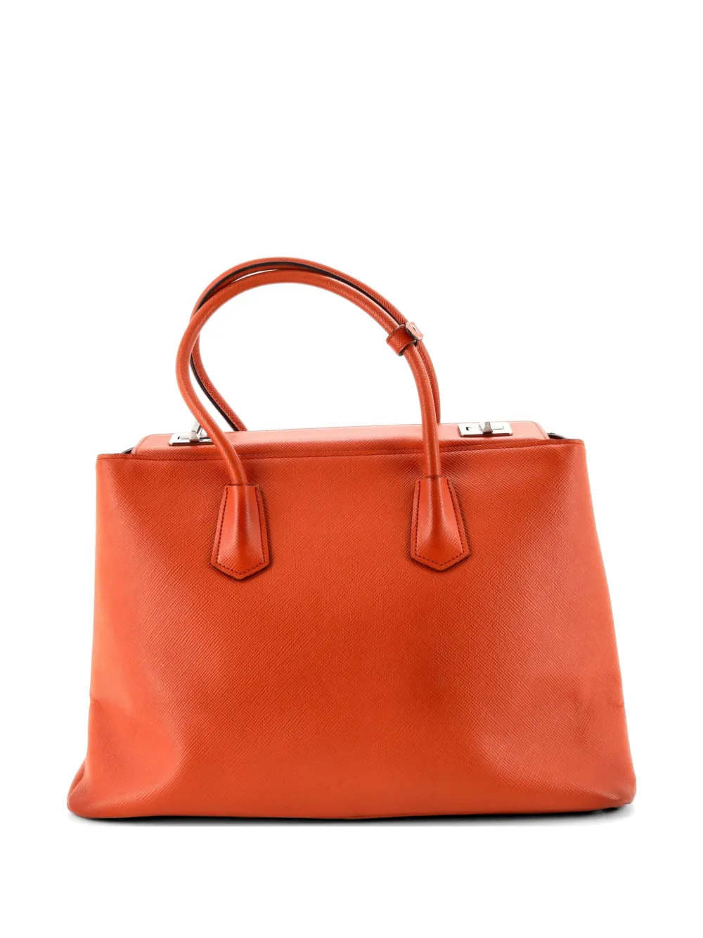 Pre-owned Prada Turnlock Cuir Twin Saffiano Leather Medium Tote Bag In Orange