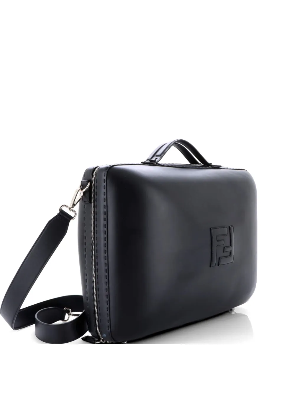 Pre-owned Fendi Ff Zip Around Travel Bag Leather Large Business Bag In Black