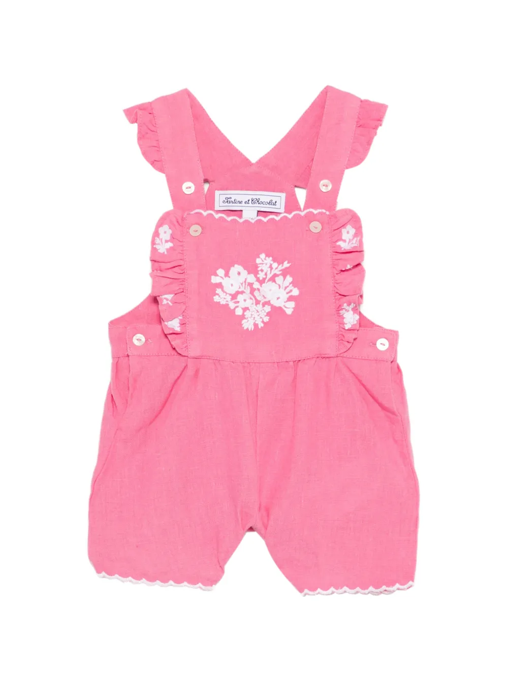 Tartine Et Chocolat ruffled-detail floral-embroidered dungarees - Rosa