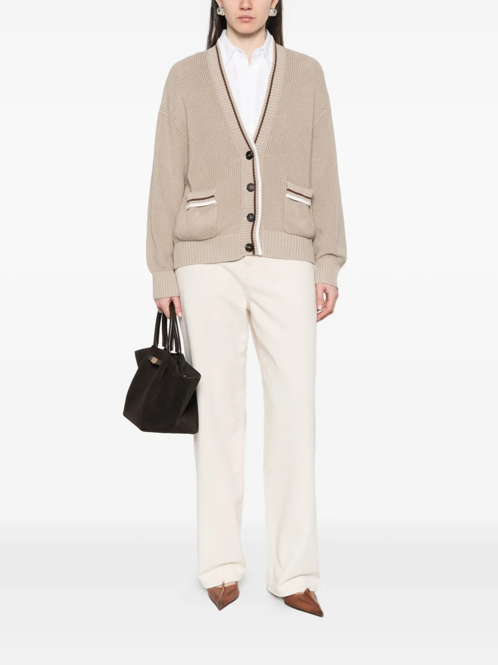  Brunello Cucinelli Buttoned Striped-detail Cardigan - Neutrals 
